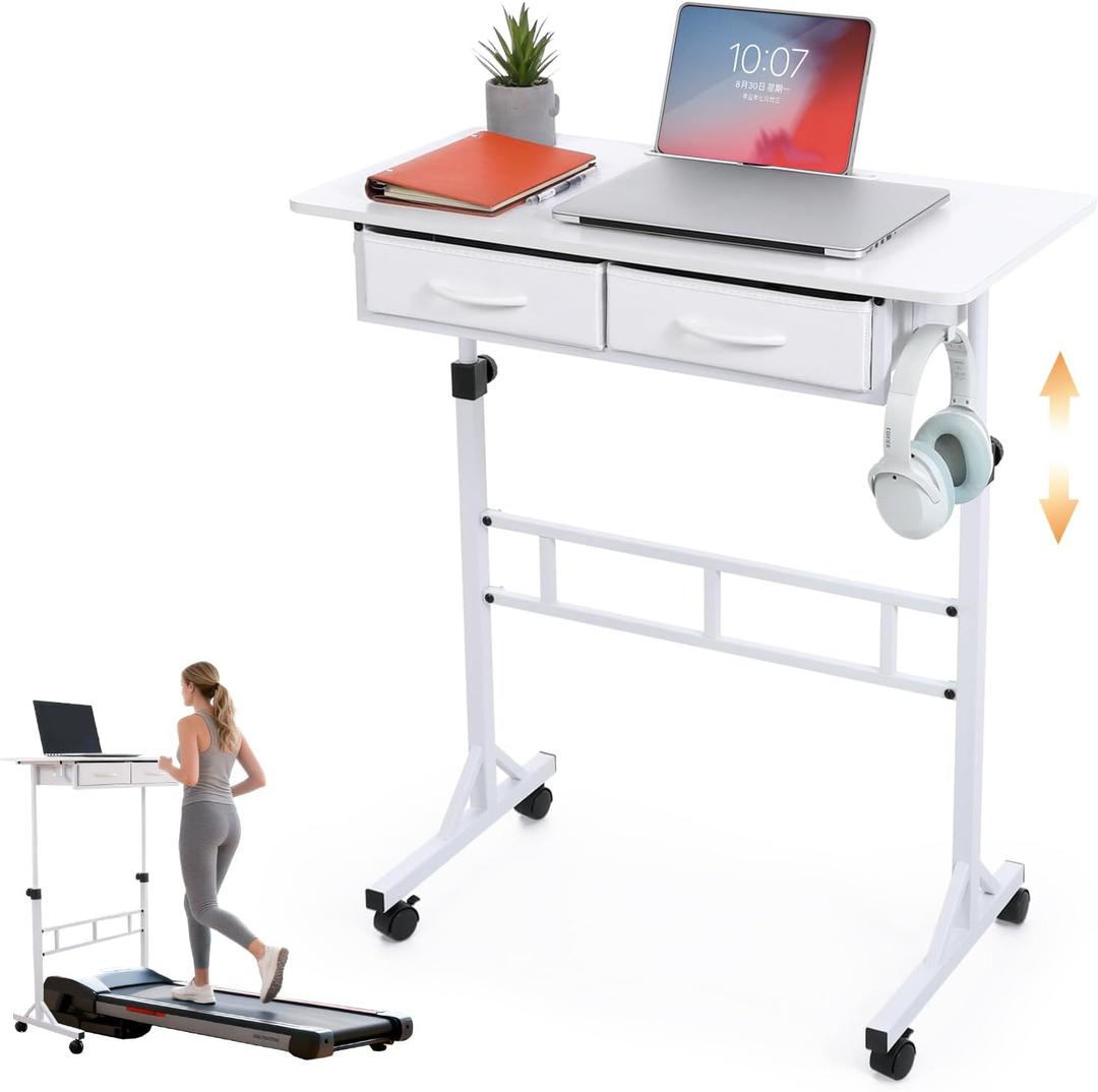 Small Standing Desk with Drawers for Walking Pad, Height Adjustable Rolling Standing Desk, 32in Treadmill Walking Pad Desk on Wheels, Computer/Teacher Desk, Height 27.6"-49.2", White, Compact