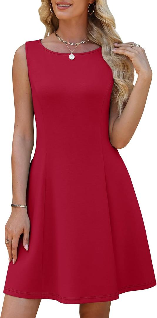 WEACZZY Womens Summer Sleeveless Dresses Boat Neck A-Line Casual Elegant Cocktail Dress with Pockets (Red, L)