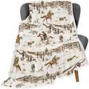 Western Cowboy Throw Blankets, Vintage Wild West Flannel Warm Soft Cozy Fluffy Bed Couch Blanket, Country American Theme White Fleece Throws to Decorate The Room and Bedroom 60 x 80