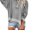 Dokotoo Hoodies for Women 2024 Fashion Fall V Neck Button Down Long Sleeve Hooded Sweatshirts Tops (Gray, XXL)