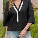 Saodimallsu Womens Short Sleeve Sweater Tops V Neck Collared Oversized Color Block Casual Summer Knit Polo Shirts (Black, M)