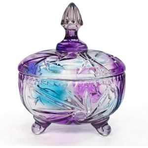 Purple Grey Multicolor Glass Candy Dish with Lid,Covered Decorative Candy Jar with Lid,Vintage Embossed Candy Bowl Dishes with Lids