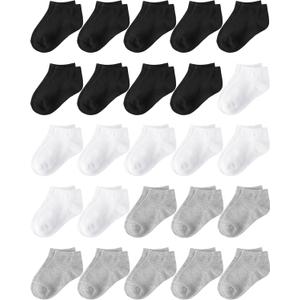 Glooarm 25 Pairs Toddler Socks, Kids Low Cut Ankle Half Cushion Athletic Socks for Boys Girls 1-14 Years (6-8 Years, Black, White, Gray)