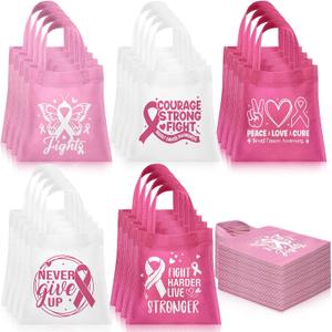 Kolldenn 50 Pcs Breast Cancer Awareness Bags Gifts Bulk Tote with Handle Pink Ribbon Goodie Bags Women's Party Supplies Charity Supplies for Birthday Party Favors Candies Toys Snacks, 1 Count