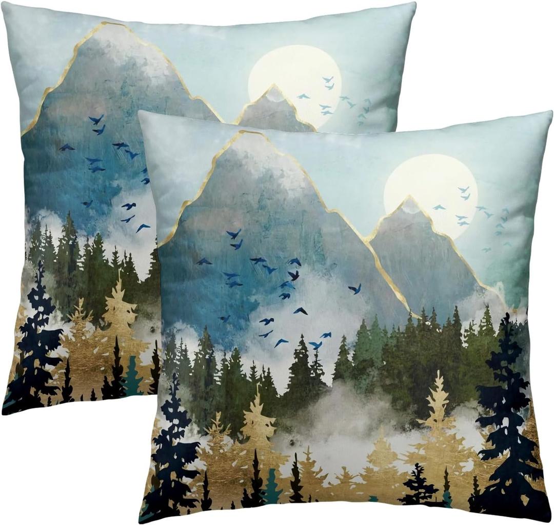 Imiss Mountain Woodland Pillow Cover 18x18 Inch Set of 2 Forest Nature Landscape Decorative Boho Mountains Square Cushion Covers Farmhouse Pillowcase for Indoor Outdoor Car Couch Sofa