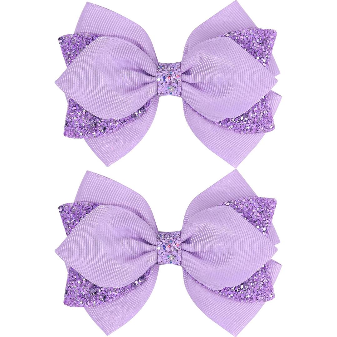 4 Inch Sparkly Glitter Purple Hair Bow Clips for Girls Boutique Sequin Alligator Barrettes Pins for Teens Toddler Children Kids Grosgrain Hair Accessories for Christmas Halloween Fall Birthday