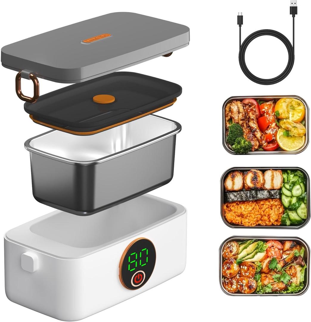 BOKASM Portable Cordless Electric Heated Lunch Box for Adults,Heating Food Warmer Lunch Box,Rechargeable 16000mAh Battery,4.2Cups Capacity Inner Container,Lunchbox for Travel,Outdoor,Picnic,Office