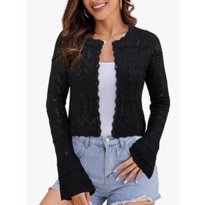FAIRY SEASON Women's Cropped Cardigan Sweater Bell Long Sleeve Lightweight Crochet Button Down Knit Bolero Shrugs for Dresses Black XL