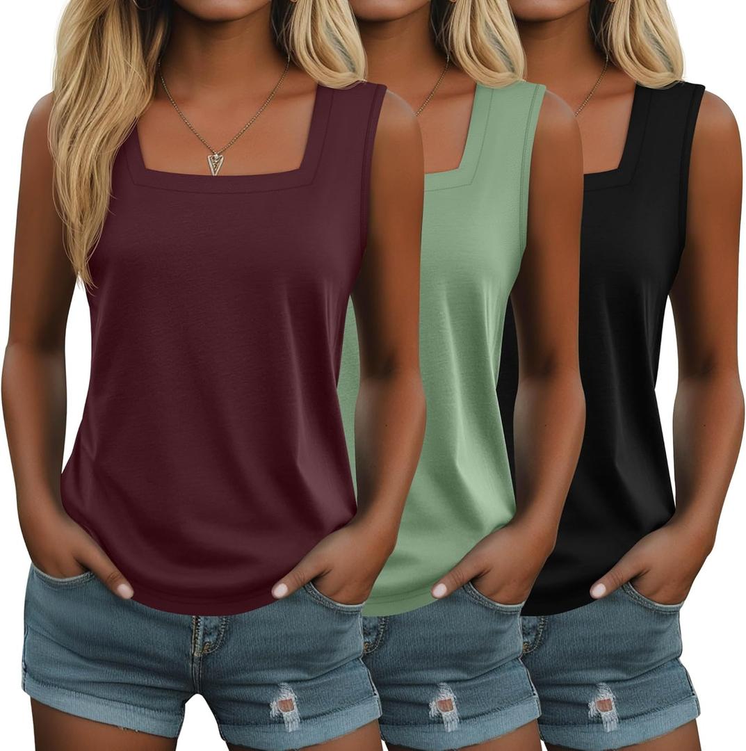 Huukeay Pack of 3 Summer Women's Tank Tops Cotton Sleeveless Shirt Loose Fit Square Neck Tank Top with Side Slits (XX-Large, Black, Wine Red, Green)
