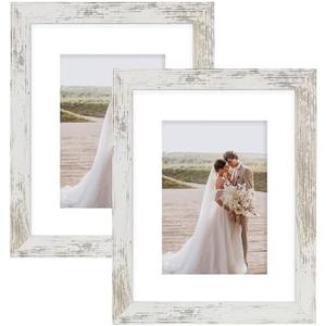 Hongkee 8x10 Picture Frame Set of 2, Made of Real Glass and Distressed White Wooden Frame - Display Picture 5x7 with Mat or 8x10 Without Mat, 8 by 10 Photo for Wall or Tabletop