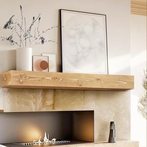 48" Fireplace Mantel, 5'' Thick Handmade Hollow Solid Wood Wall Long Floating Shelf with Invisible Wood Brackets, Wood Color