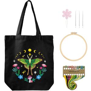 Nuberlic Embroidery Tote Bag Kit for Beginners with Moth Pattern | Canvas Tote Bag Arts Crafts Needlepoint Kit, Cross Stitch Kits for Adults, Reusable, Eco-Friendly Women Shopping Bag