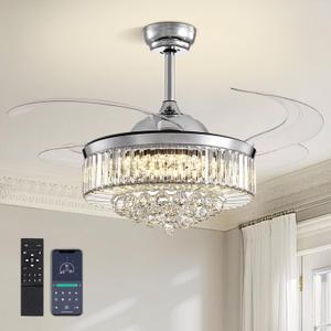 48" Crystal Chandelier Ceiling Fan with Light Modern Ceiling Fan with Retractable Blades Crystal Fandelier with Remote Control Chrome Fandelier for Dining Living Room