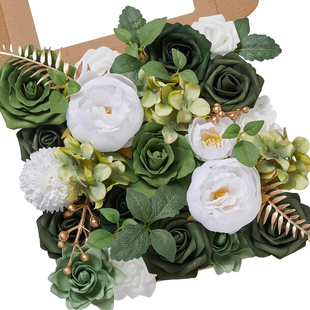 Serwalin Artificial Flowers Green Real Looking Fake Roses Silk Flowers with Stems for DIY Wedding Bouquets Out/Indoor Centerpieces Flowers Decor Arrangements Party Baby Shower Home Cake Decor  A Emerald Green, 1 Box