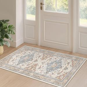 LOONGRUG 5x8 Area Rug Washable Vintage Boho Living Room Rug Beige Blue