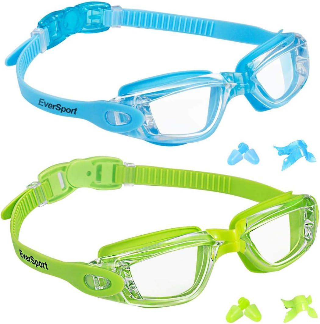 EverSport Kids Swim Goggles, Pack of 2 Swimming Goggles for Children Teens, Anti-Fog Anti-UV Youth Swim Glasses for Age 4-16 (Lightblue & Green)