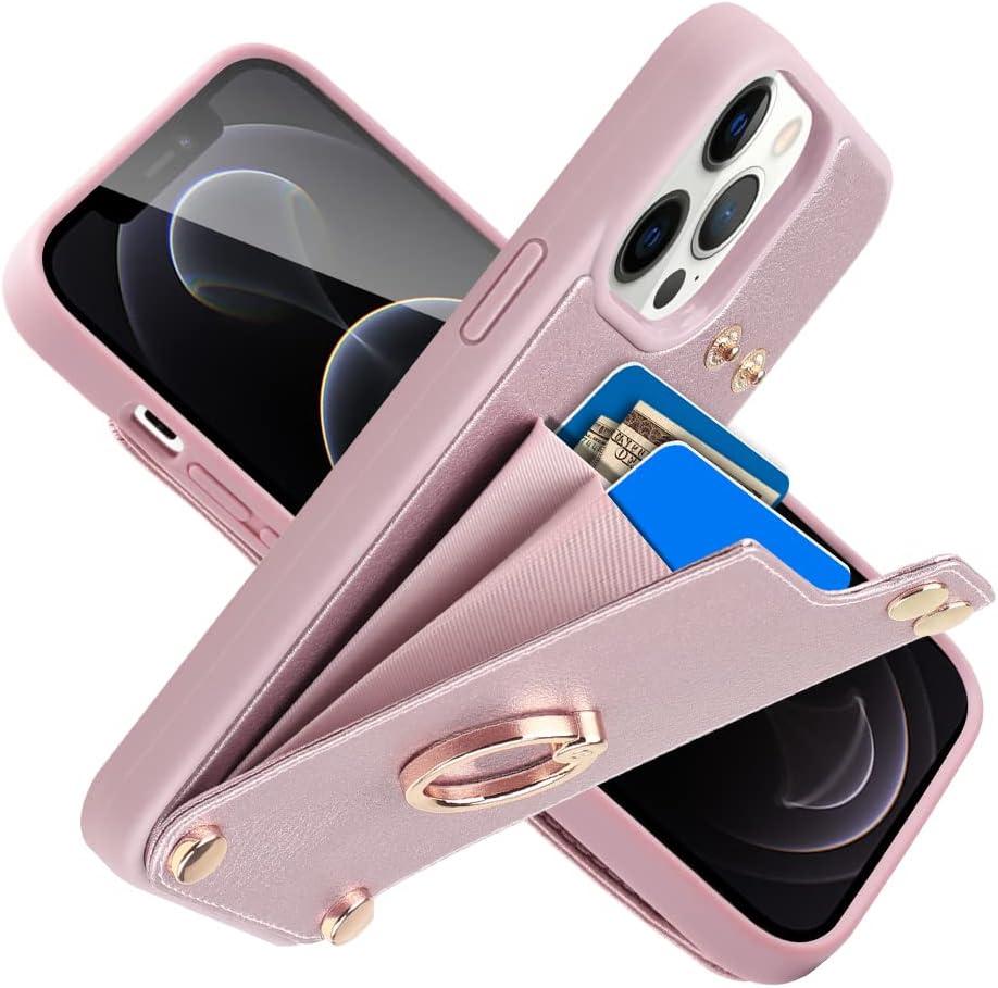 LAMEEKU for iPhone 12 Pro/iPhone 12 Wallet Case, Case with Card Holder Leather Cover 360Rotation Ring Kickstand Protective Bumper Designed for Women for Apple iPhone 12/ iPhone 12 Pro 6.1'' Rose Gold