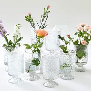 9 Set (H:7 Inch W:4 Inch) Flower Crystal Glass Vases Embossed Pedestal Vases for Centerpieces Hydroponic Glass Transparent Bottle for Home Office Wedding Dining Table Party(Clear)