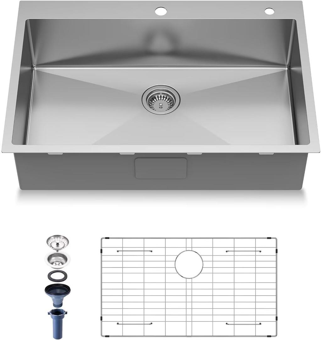 15-Inch Drop in Kitchen Sink Handmade Topmount 18 Gauge 304 Stainless Steel Single Bowl Kitchen Sink with Accessary in 15"Lx15"Wx10"D