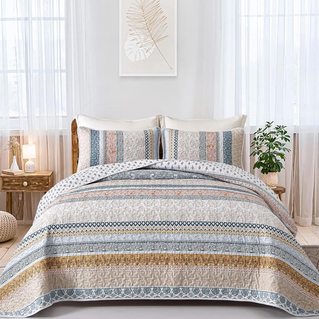 WONGS BEDDING Boho Quilt Set Queen Size, Yellow Bohemian 3 Pieces Fall Quilt Sets, Lightweight Bedspread Coverlet Bedding Set for All Season (96"x90") 