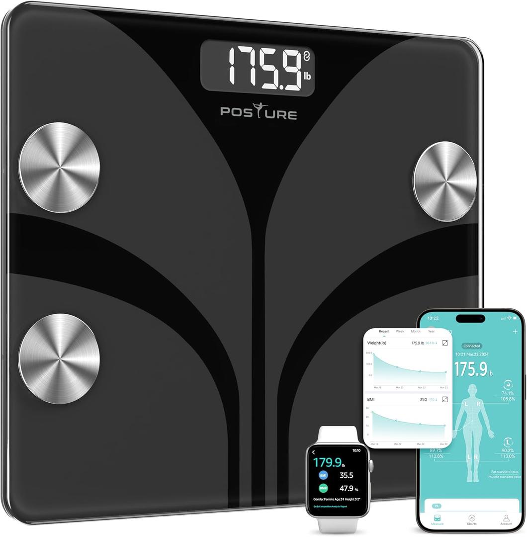 Posture Scale for Body Weight, Digital Bathroom Smart Scale LCD Display, 13 Body Composition Analyzer Sync Weight Scale BMl Health Monitor Sync Apps 400lbs - Black (11.8x10.2)