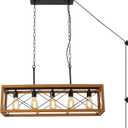 Industrial Pendant Lamp-5 Lights E26 Socket with Plug in Cord Rectangle Chandelier Wood Metal Kitchen Island Hanging Pendant Lighting Farmhouse Black Vintage Ceiling Lamp for Dinner Room-No Bulbs