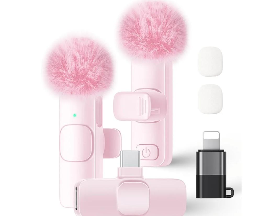 Wireless Lavalier Microphone for iPhone iPad and Android Phone, 2 Pack Lapel Mic Plug and Play Wireless Mic Noise Reduction Microphone for Video Recording Interview Podcast Vlog YouTube Tiktok (Pink)