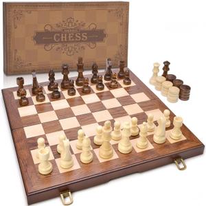 AMEROUS Wooden Chess & Checkers Set with Upgraded Weighted Chess Pieces, 15 Inches (2 in 1) Chess Board Games for Kids, Adults w/ 2 Extra Queens / 24 Cherkers Pieces/Gift Package