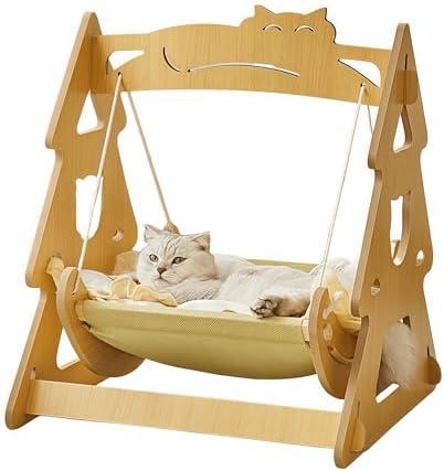 2 in 1 Wooden Cat Hammock, Comfortable and Breathable Hanging Cat Bed with Soft Mattress and Pillow，Suitable for Cats or Small Dogs
