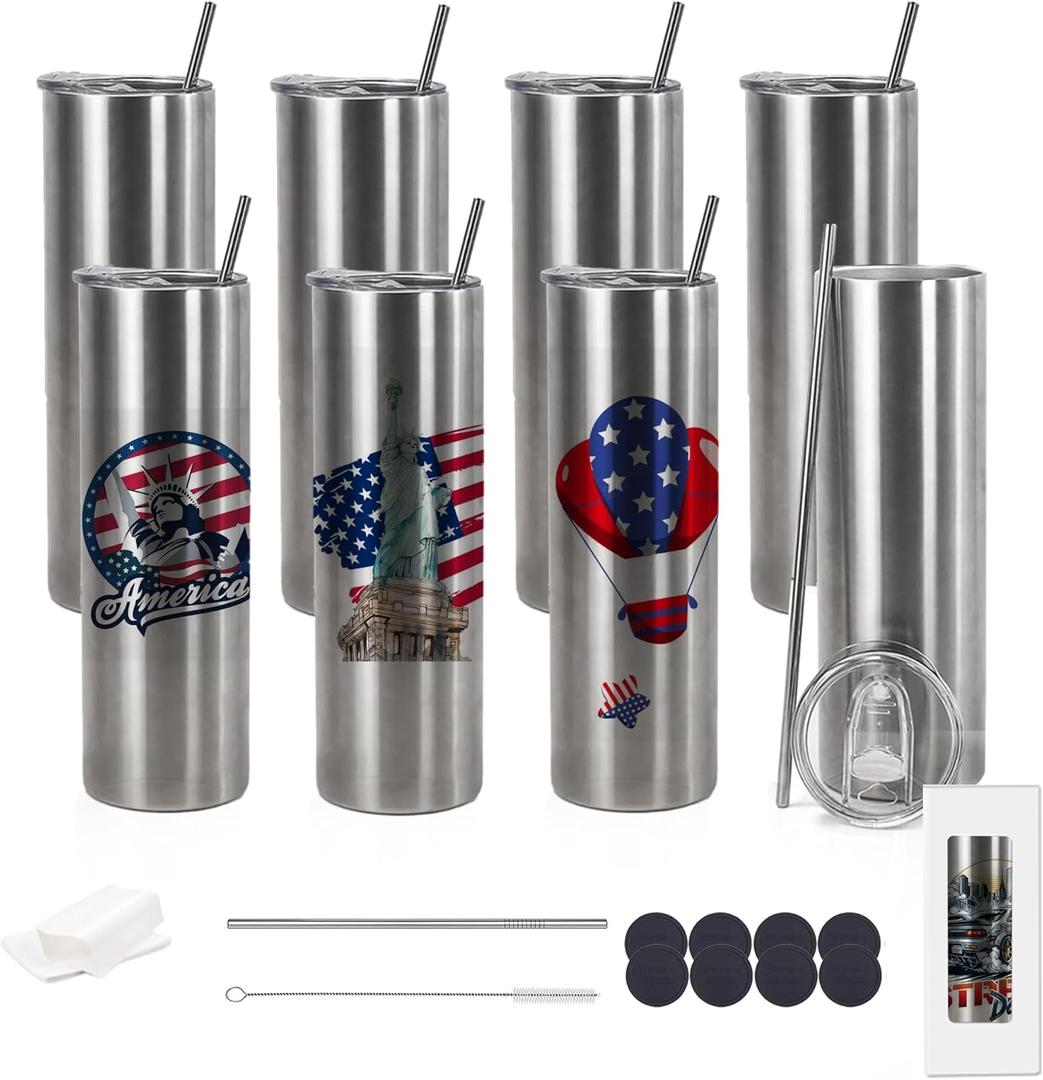 20oz Flat edge sublimation tumblers Sliver skinny insulated Sublimation tumbler Straight Cups with Individual Gift Box, Silicone Bottom Polymer Coating for Heat Transfer (8, silver)