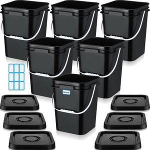 Vesici 6 Pcs 5 Gallon Square Bucket Pail with Plastic Handle and Lid Storage Food Container Industrial Pail with DIY Label Sticker for Multipurpose Paint Water Art Crafts Project(Black)