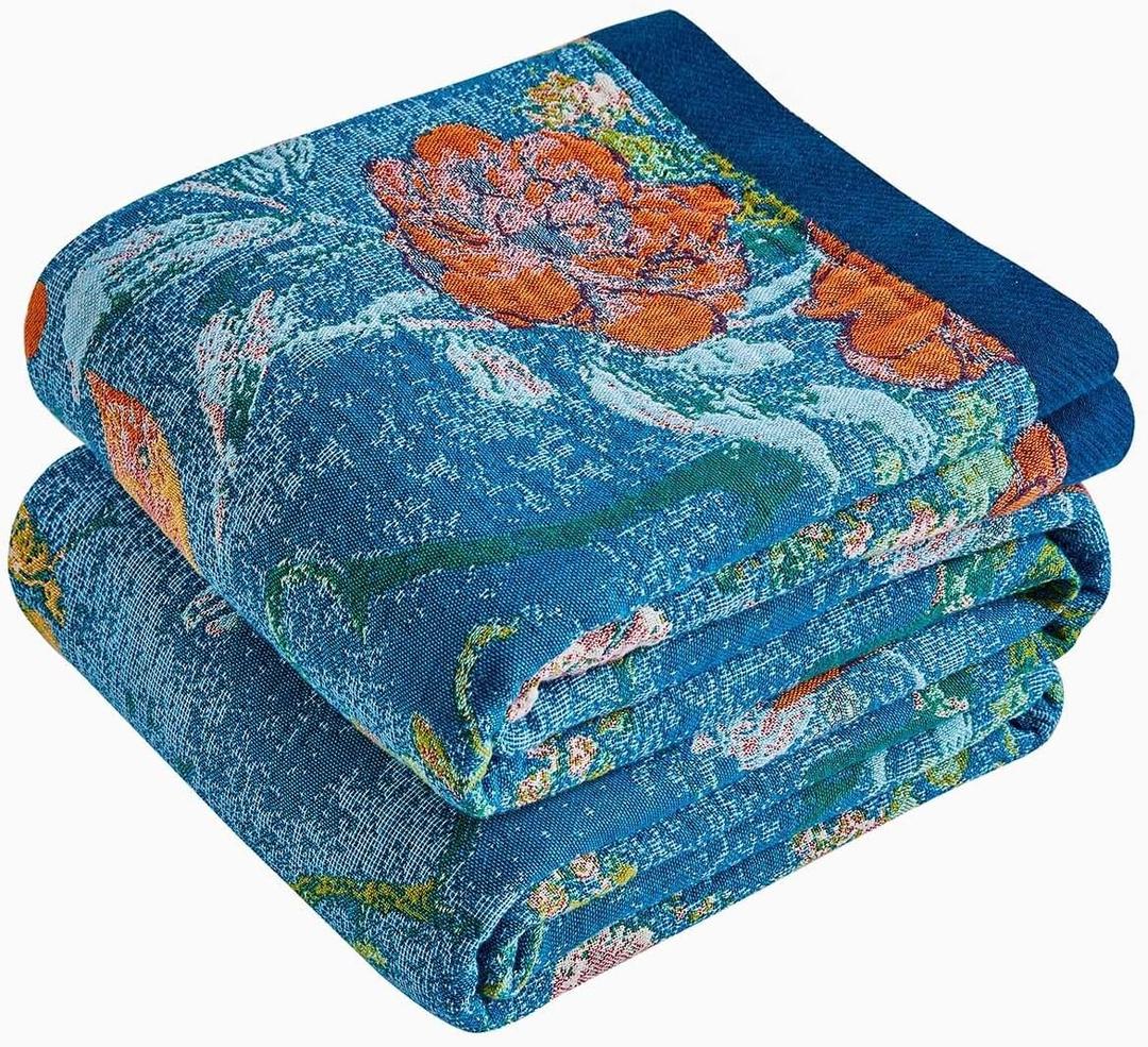 Boho Throw Blanket 100% Cotton Muslin Woven Blanket Bohemian Bed Throws Vintage Rustic Farmhouse Decor Reversible Bed Blanket Quilt for All SeasonsBlue 50"x60"