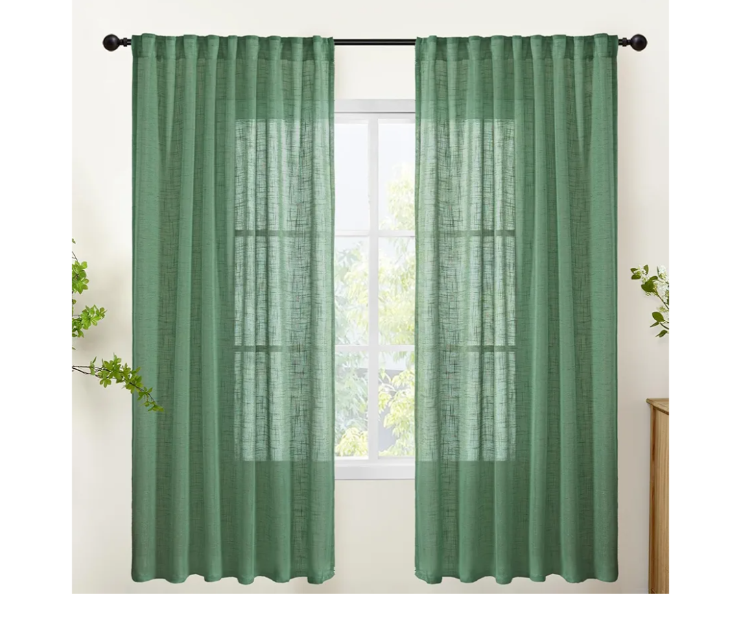 YoungsTex Green Linen Semi Sheer Curtains 72 Inch Length - Light Filtering Drapes with Back Tab Rod Pocket Lightweight for Living Room Window, 2 Panels, 52 X 72 Inch