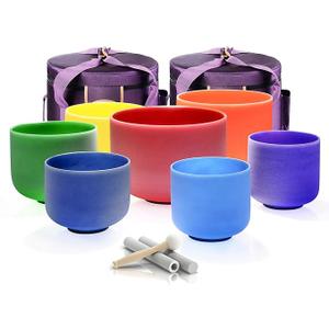 TOPFUND 440Hz Chakra Set of 7 Color Crystal Singing Bowls 7-12 inch with Heavy Duty Carrying Cases and Mallets