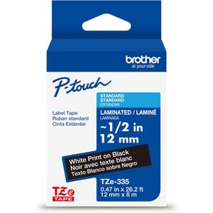 Brother Genuine PTouch TZe White Print on Black Label Tape (TZe335), Laminated,1/2in x 26.2ft (12mm x 8m), for Select PTouch Label Makers, Durable, WaterResistant, Indoor/Outdoor Use