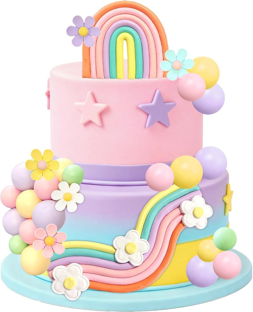 3 x Rainbow Cake Topper Colorful Balls Blue Dog Cake Decorations Daisy Flower Retro Hippie Groovy Cake Topper for Baby Shower Birthday Party Supplies