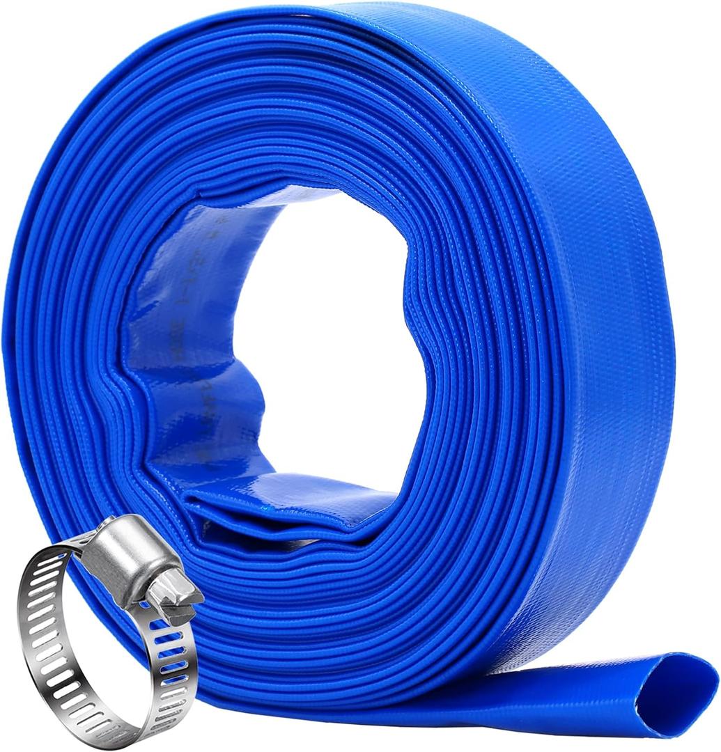 DAVCO 1.5" x 50 ft Pool Backwash Hose, Heavy Duty Reinforced Blue PVC Lay Flat Water Discharge Pump Hoses For Swimming Drain Pools and Clean Filters,with 1 Clamp