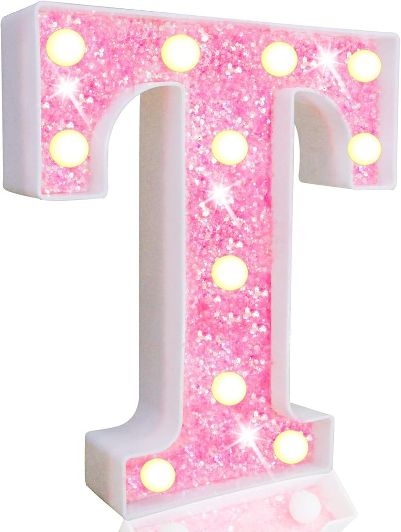 Pooqla LED Marquee Letter Lights, Light Up Pink Letters Glitter Alphabet Sign Battery Powered for Night Light Birthday Party Wedding Girls Gifts Home Bar Christmas Decoration, Pink Letter T
