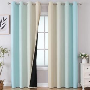 Estelar Textiler Aqua and Beige Gradient Blackout Curtains 84 Inches Long, Thermal Insulated Ombre Blackout Drapes for Bedroom, Room Darkening Energy Saving Curtains for Living Room, 52Wx84L, 2 Panels