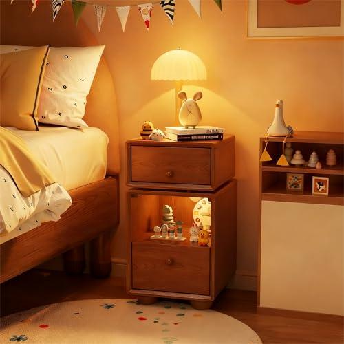Muwuele Solid Wood Cute Nightstand with 360° Rotating Drawers, Semi-Assembled， Kids Night Stand with LED Lights & 2 Drawers, Modern Fluted Bedside Tables for Bedroom, Living Room（Walnut）