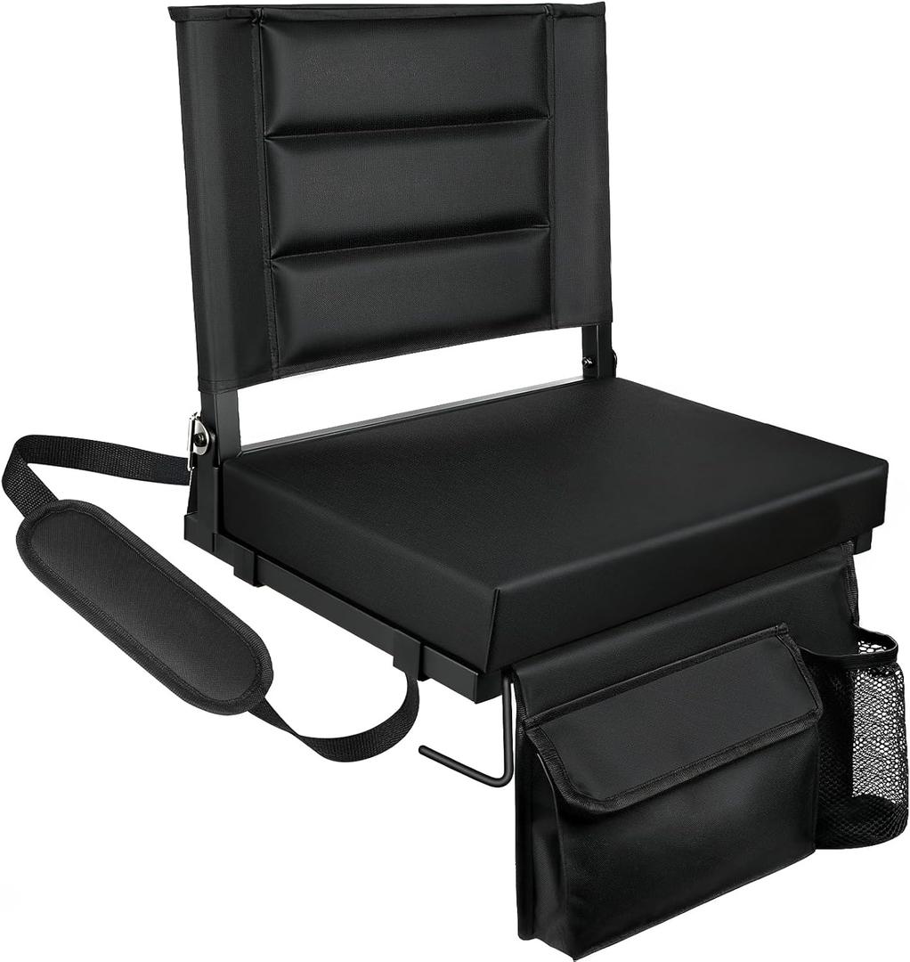 Stadium Seats with Back Support,Bleacher Chairs with Cushion, Portable Folding Stadium Chair with Removable Cushion and Large Pocket for School Events Sports Game(Black)