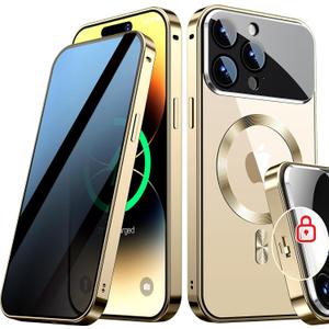 [Full Camera Protection& Mechanical Lock]Magnetic Privacy Case for iPhone 15 Pro Max[Compatible with MagSafe][CD Metal Ring] Full Body Shockproof Metal Bumper, 9H Anti Peeping Glass Cover-Gold