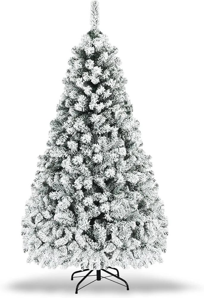7.5 FT Pre-Lit Christmas Tree, Snow Flocked Hinged Xmas Tree with 1010 Branches Tips & 450 LED Lights, Metal Stand, Artificial Pine Lighted Holiday Tree for Home Office Decorations