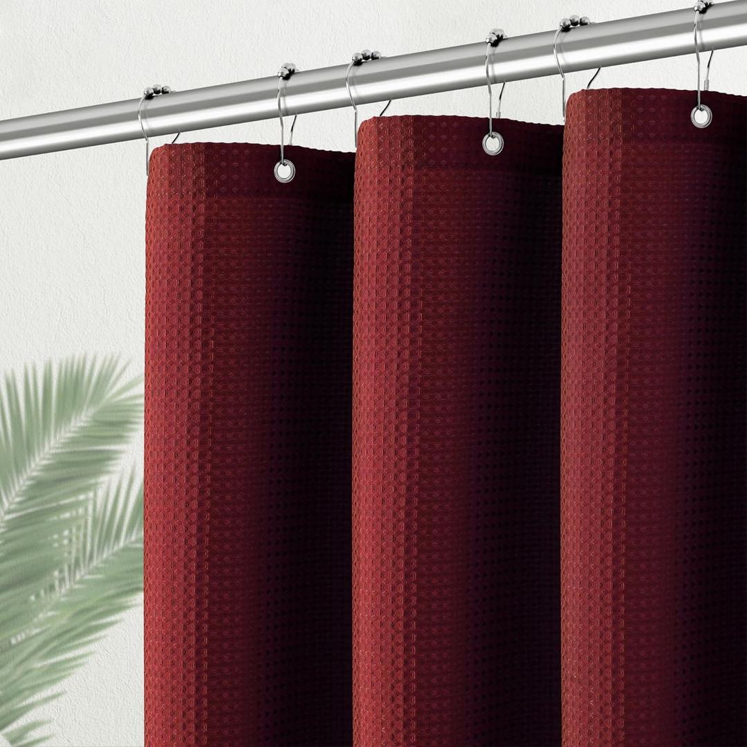 PANGSINNE Stall Burgundy Fabric Shower Curtain - Waffle Textured Small Heavy Duty Cloth Shower Curtains for Bathroom, 256GSM Narrow Hotel Spa Luxury Bath Curtain Set with 6 Hooks (36Wx72H, Burgundy)