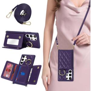 for Galaxy S23 Ultra Case with Card Holder and Strap for Women,Crossbody Lanyard, Make Up Mirror,Ring Stand,Snap Clasp,Cute Phone Wallet Cases 6.8 inch - Deep Purple