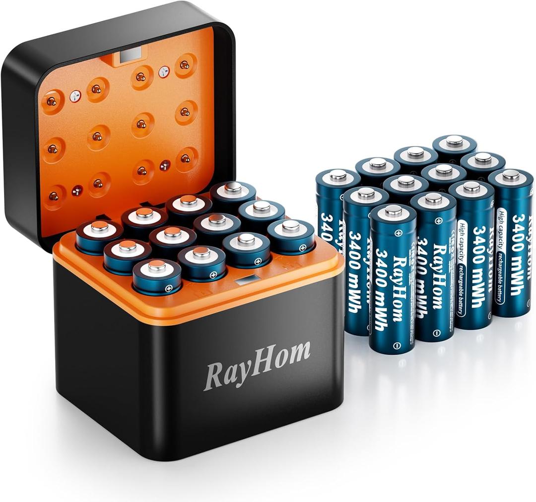 24-Pack Rechargeable Lithium aa Batteries with Charger, 1.5V Constant Output, 3400mWh High Capacity, 12-Slot Double A Li-ion Charger with Smart Charging, Multiple Charging Protections