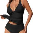 ZAFUL Womens Tankini Swimsuits V Neck Push Up Swim Top Color Block Tummy Control High Waisted Bathing Suits Swim Bottom (Black, L)