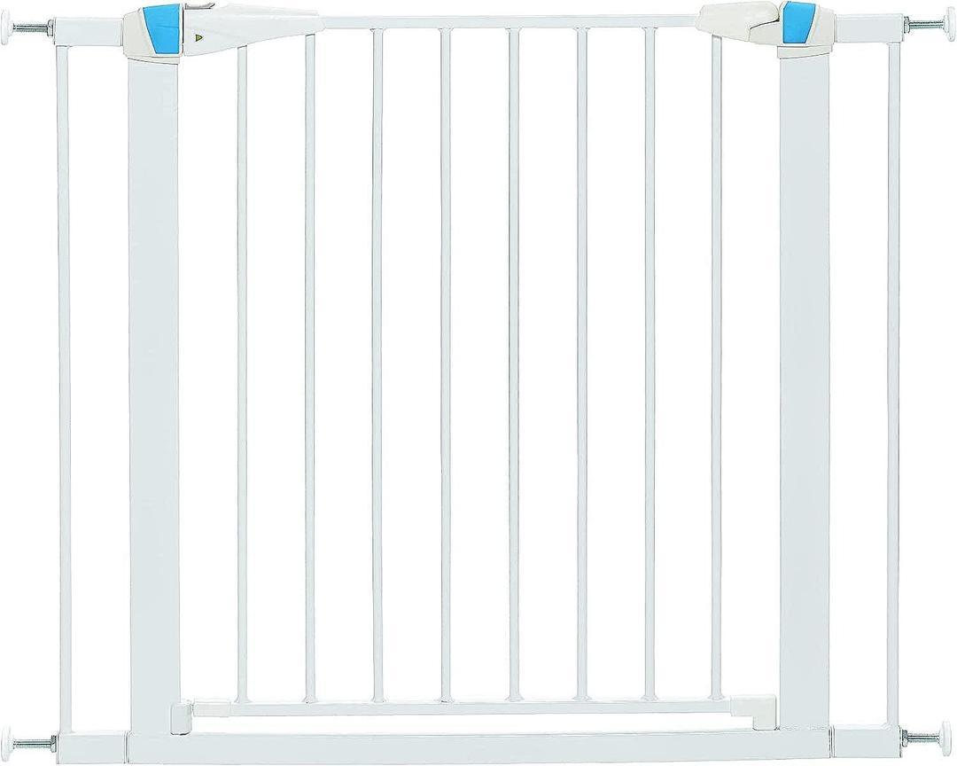 MidWest Homes for Pets 29 Inches Tall Walk-Though Steel Pet Gate, Pressure Mounted Dog Gate with Glow Strip Measures 29H x 29.5-38W Inches & Includes Two 3-Inch-Wide Extensions, White