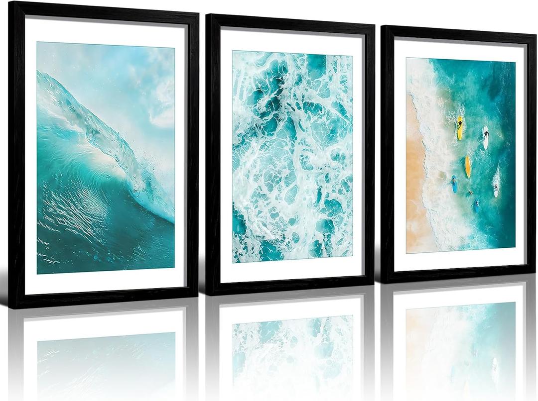 RUURUU Solid Wood Framed Ocean Wall Art Set of 3 Coastal Beach Canvas Prints with Sea Wave Surfing Poster Pictures Modern Nautical Painting Decor for Living Room Bathroom Home Office 16x24inches