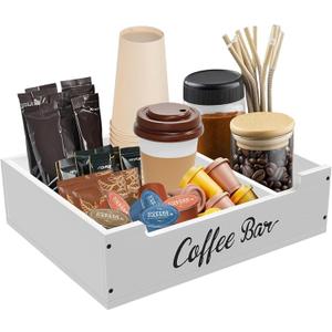 Coffee Pod Bar Station Wooden 14" X 10" X 4" Organizer Box for Countertop, Counter Top Tea Espresso Cup Wood Storage Box, White